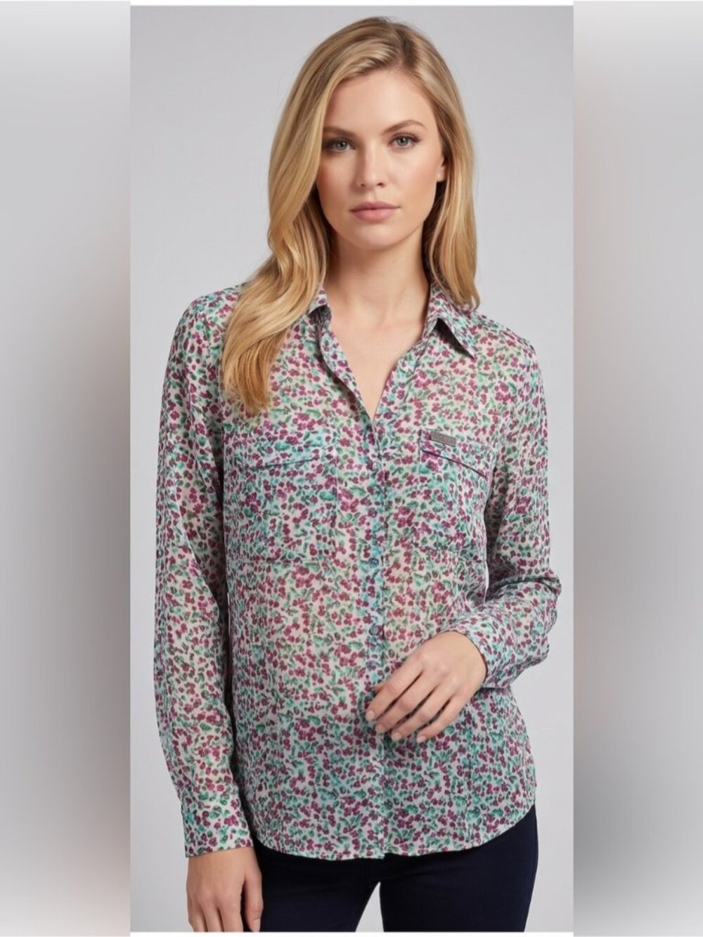 GUESS Los Angeles Sheer Floral Button Up Blouse | Pink Green Ditsy Print